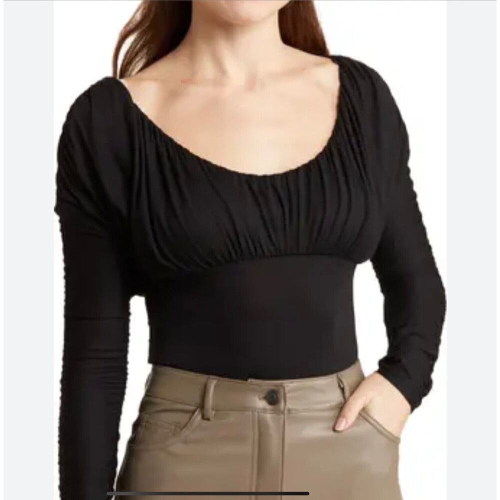 NWOT Elodie Ruched Long Sleeve Bodysuit Black Size Medium